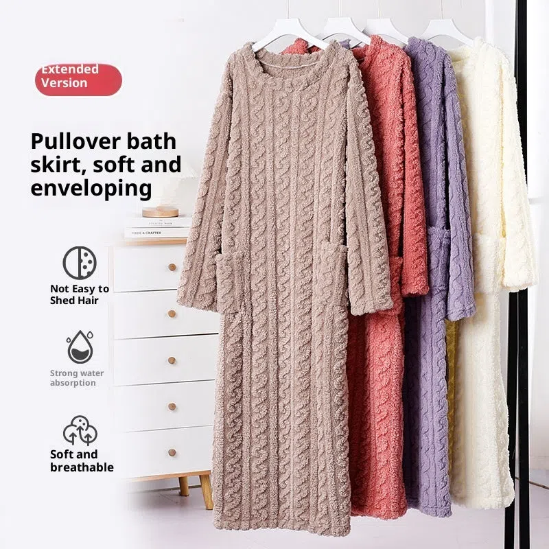 Thickened warm women's extra-long loose long-sleeved polyester pajamas in brown for winter