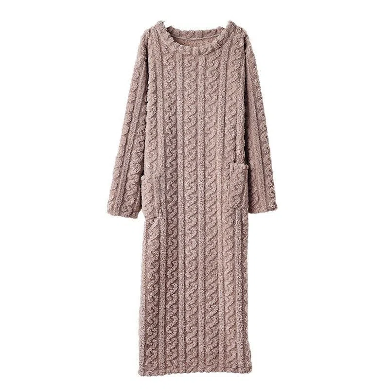 Thickened warm women's extra-long loose long-sleeved polyester pajamas in brown for winter