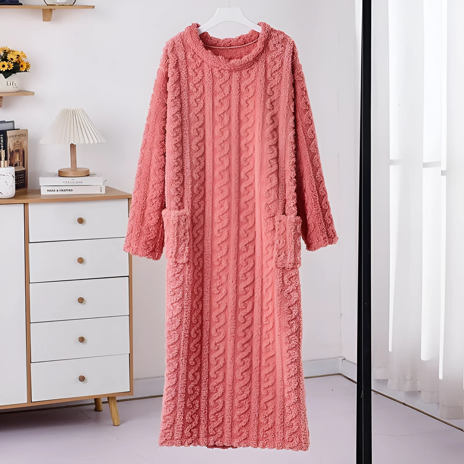Thickened warm women's extra-long loose long-sleeved polyester pajamas in brown for winter