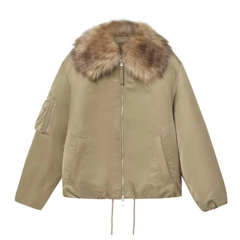 Women's khaki detachable fur collar PU cotton coat with long sleeves and zipper closure