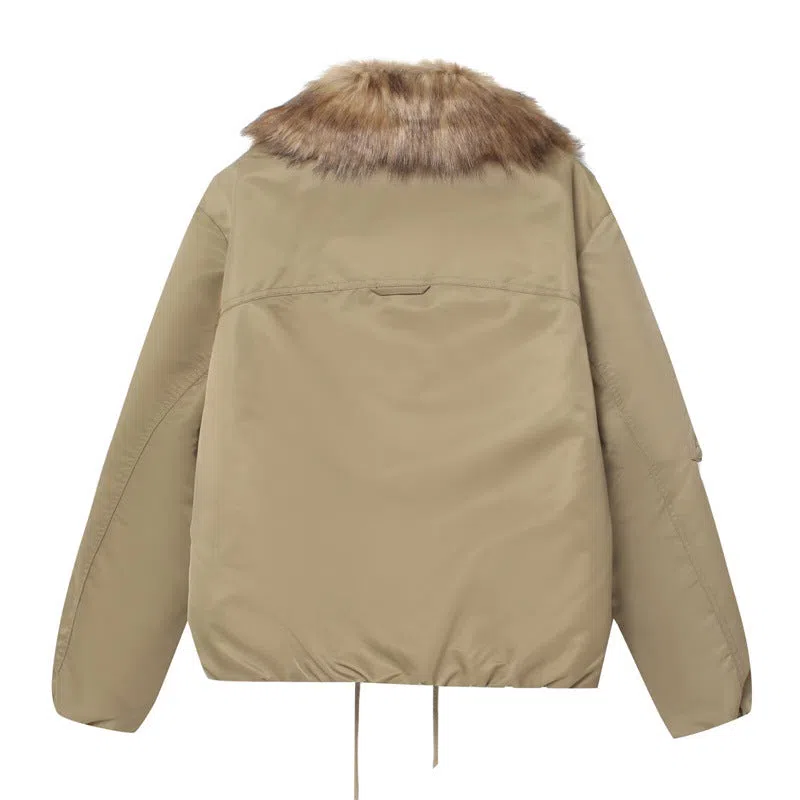 Women's khaki detachable fur collar PU cotton coat with long sleeves and zipper closure