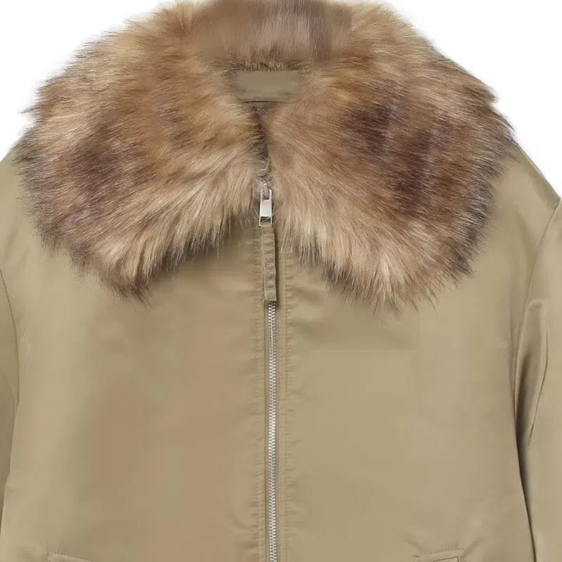 Women's khaki detachable fur collar PU cotton coat with long sleeves and zipper closure