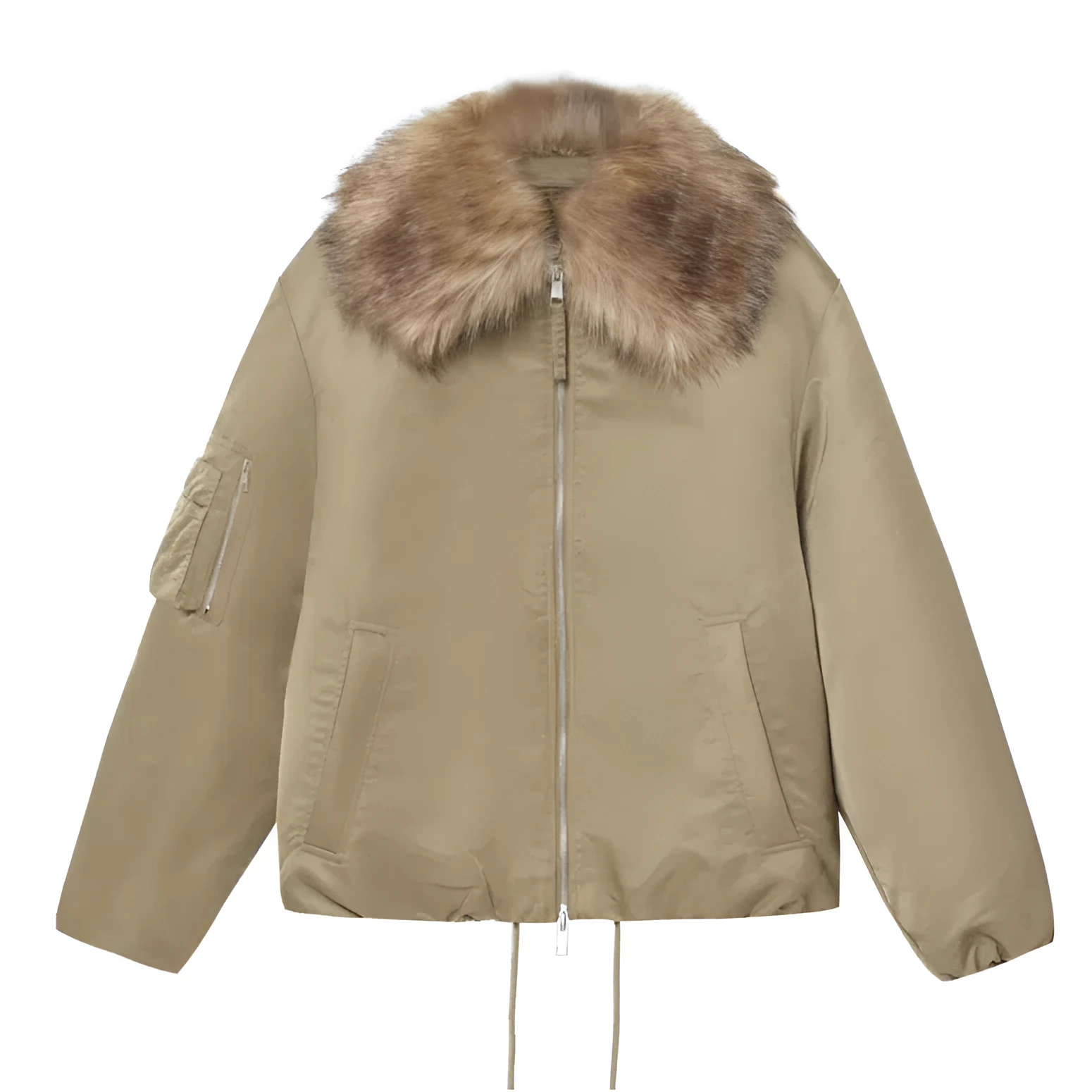 Women's khaki detachable fur collar PU cotton coat with long sleeves and zipper closure