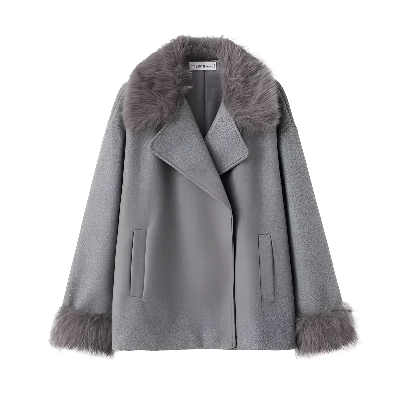 Women's grey mid-length hooded belted wool cape coat with raccoon fur collar and pockets