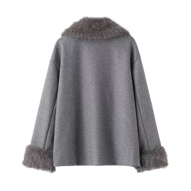 Women's grey mid-length hooded belted wool cape coat with raccoon fur collar and pockets