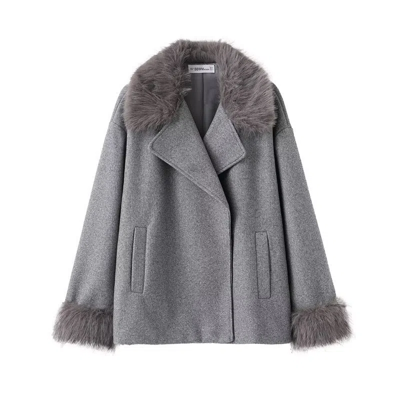 Women's grey mid-length hooded belted wool cape coat with raccoon fur collar and pockets