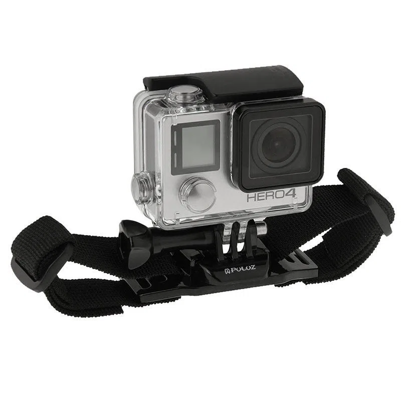 Black nylon bicycle helmet strap with fixed mount for DJI Osmo Action and GoPro camera