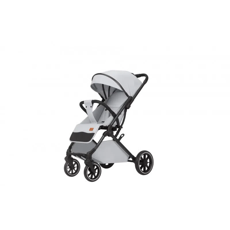 Lightweight folding baby stroller with four-wheel shock absorbers, iron frame, available in black, dark gray, light gray, and khaki