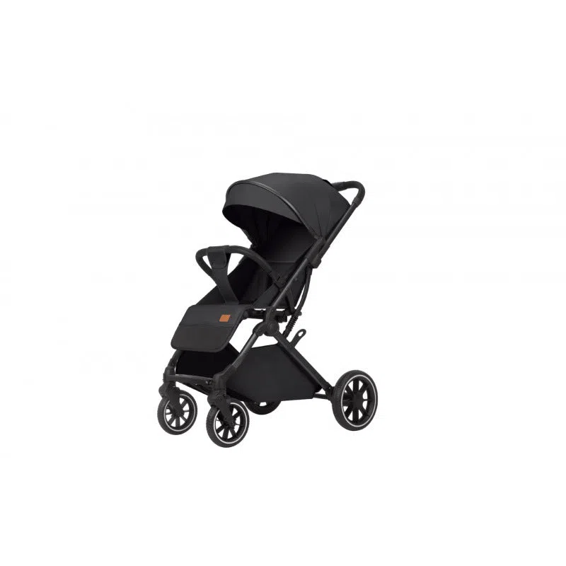 Lightweight folding baby stroller with four-wheel shock absorbers, iron frame, available in black, dark gray, light gray, and khaki