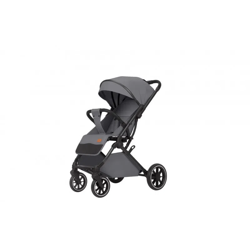 Lightweight folding baby stroller with four-wheel shock absorbers, iron frame, available in black, dark gray, light gray, and khaki