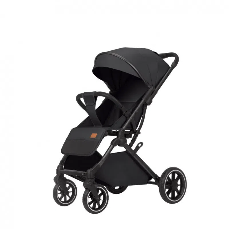 Lightweight folding baby stroller with four-wheel shock absorbers, iron frame, available in black, dark gray, light gray, and khaki
