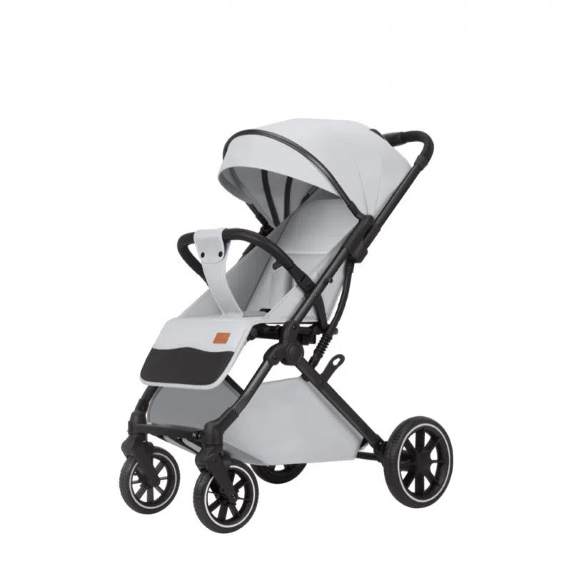 Lightweight folding baby stroller with four-wheel shock absorbers, iron frame, available in black, dark gray, light gray, and khaki