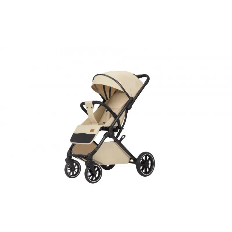 Lightweight folding baby stroller with four-wheel shock absorbers, iron frame, available in black, dark gray, light gray, and khaki