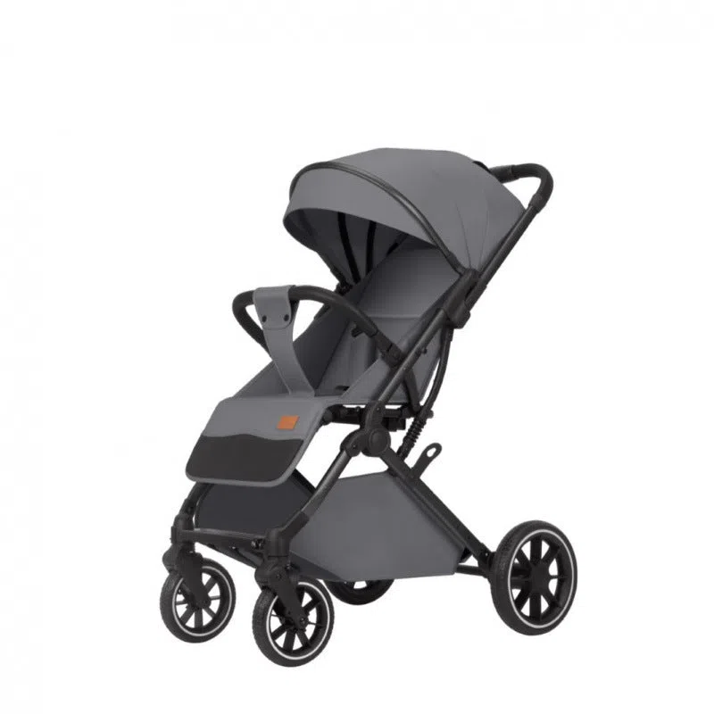Lightweight folding baby stroller with four-wheel shock absorbers, iron frame, available in black, dark gray, light gray, and khaki