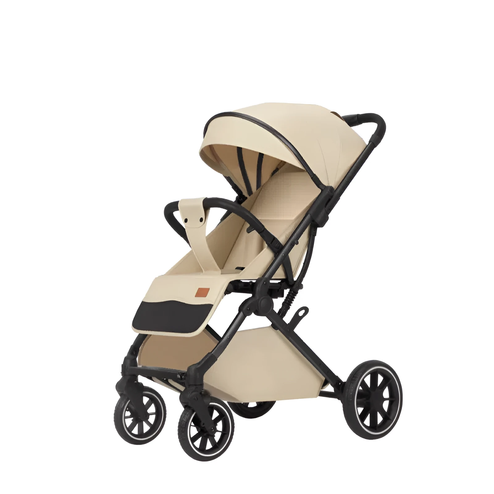 Lightweight folding baby stroller with four-wheel shock absorbers, iron frame, available in black, dark gray, light gray, and khaki