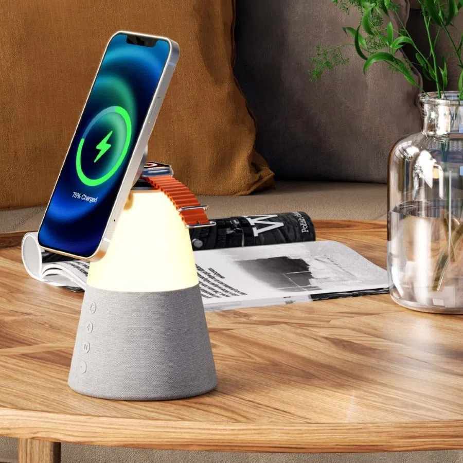 3-in-1 Magnetic Wireless Charging Bluetooth Speaker Night Light in gray finish showing device on a desk