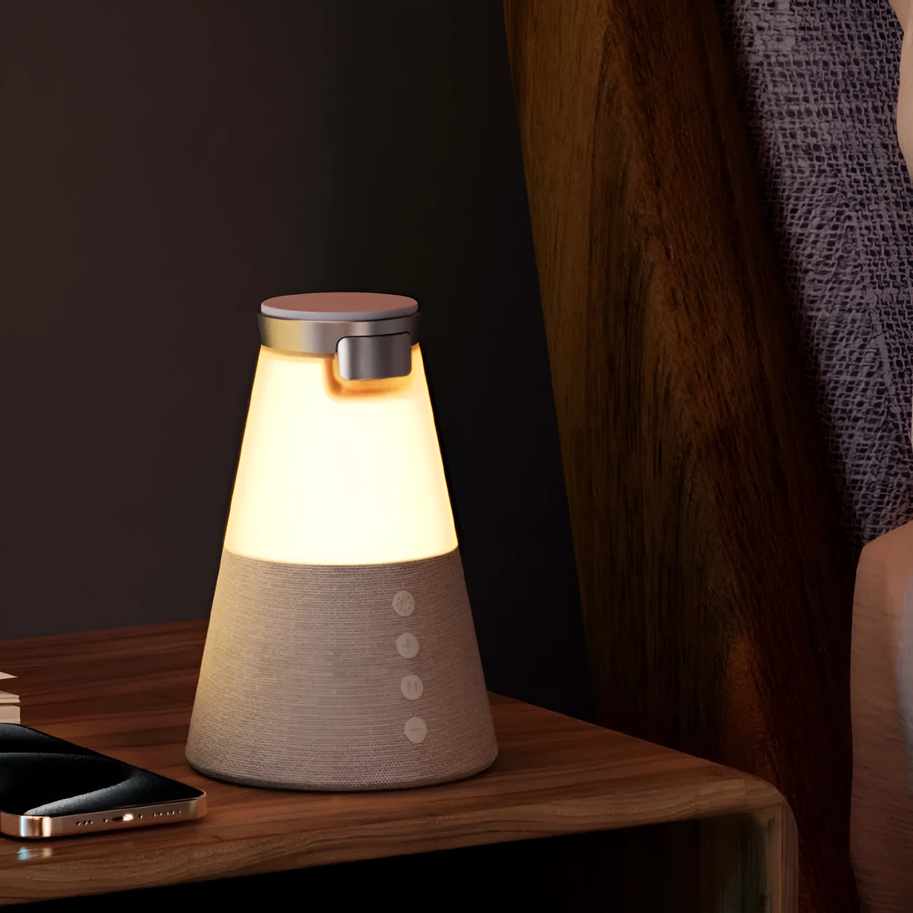 3-in-1 Magnetic Wireless Charging Bluetooth Speaker Night Light in gray finish showing device on a desk