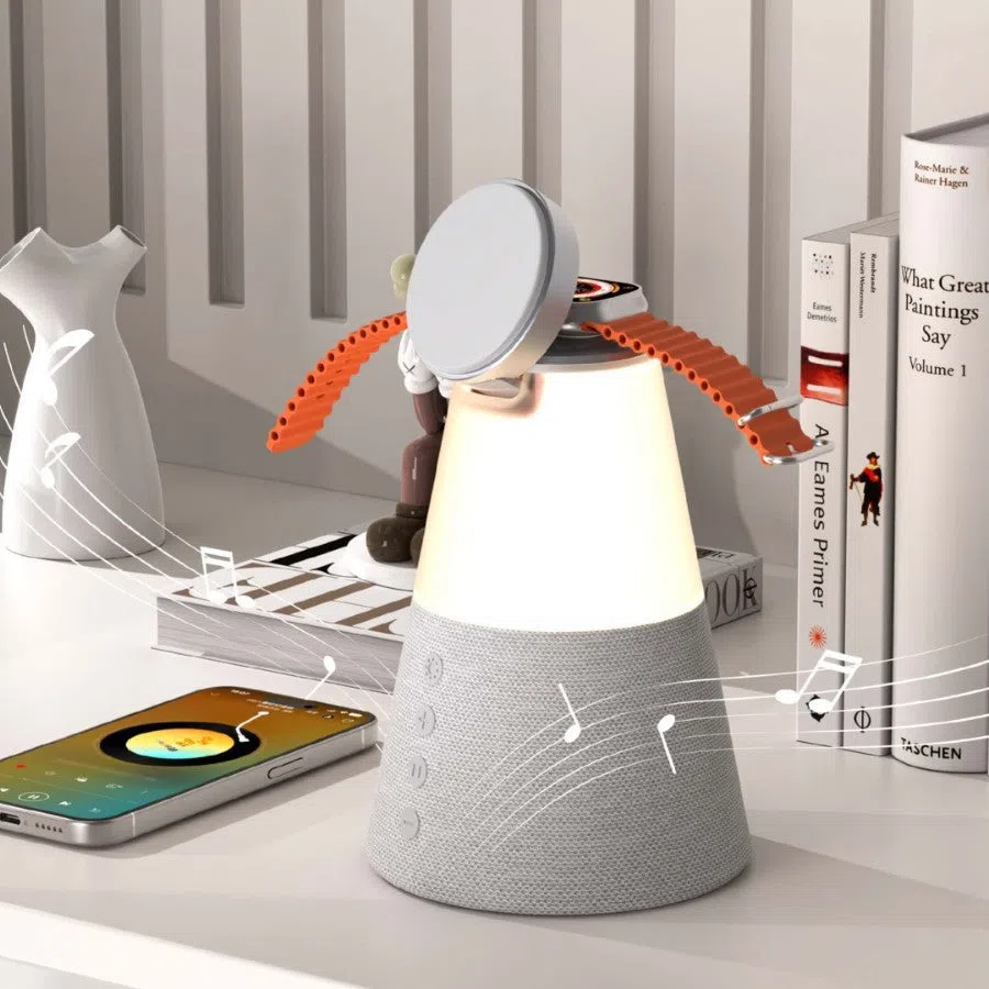 3-in-1 Magnetic Wireless Charging Bluetooth Speaker Night Light in gray finish showing device on a desk