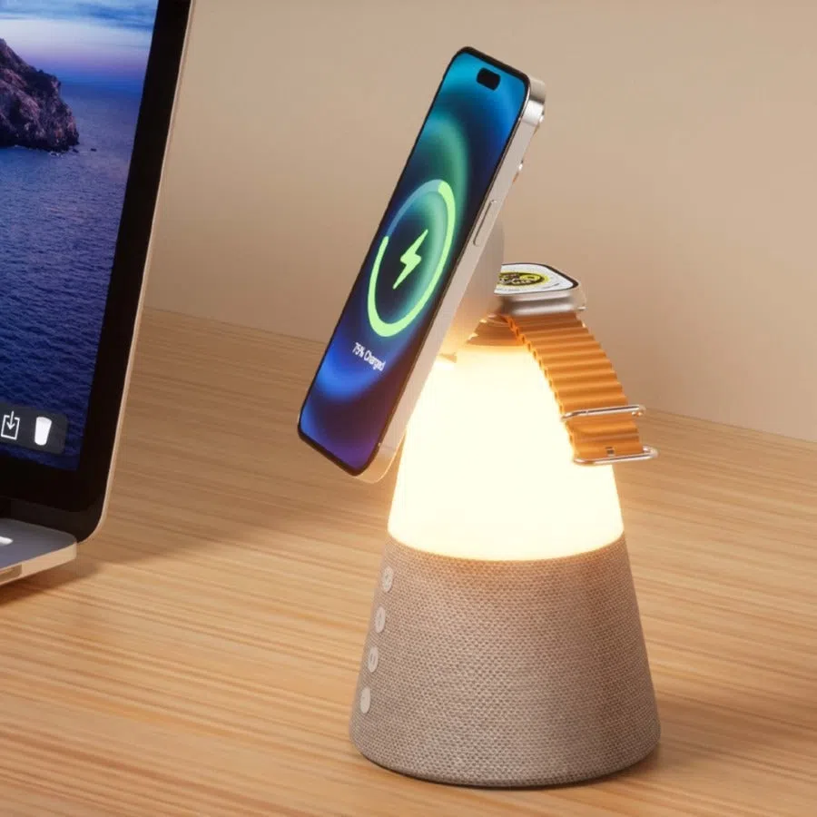 3-in-1 Magnetic Wireless Charging Bluetooth Speaker Night Light in gray finish showing device on a desk