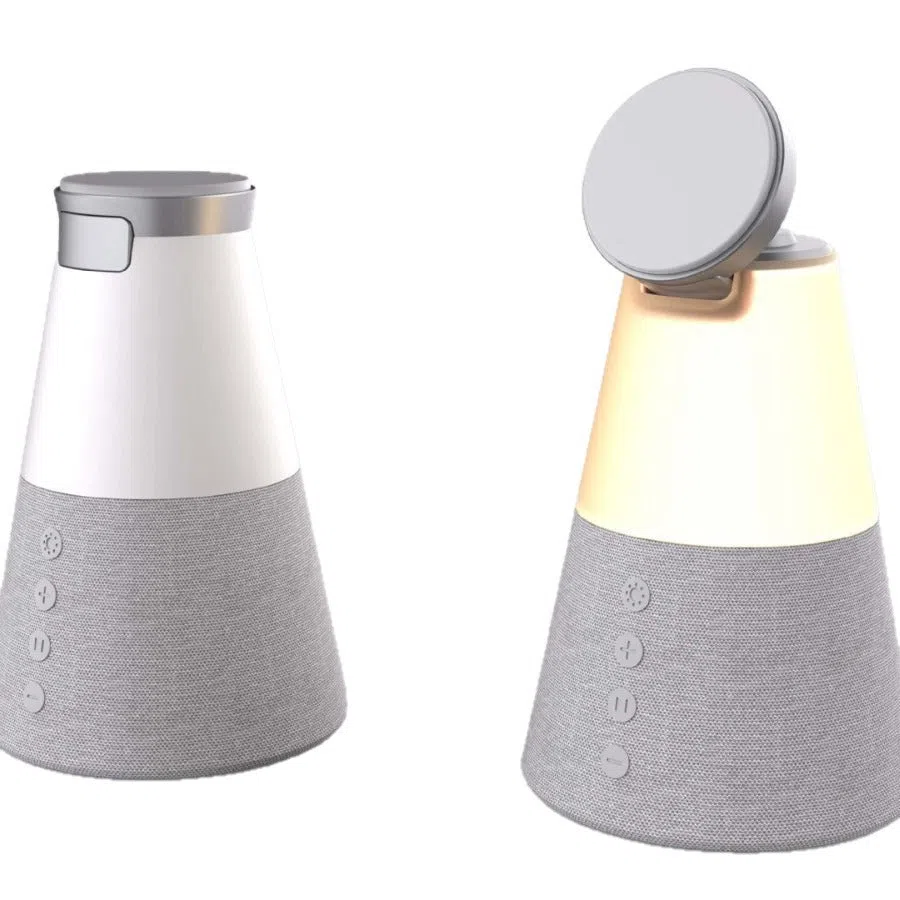 3-in-1 Magnetic Wireless Charging Bluetooth Speaker Night Light in gray finish showing device on a desk