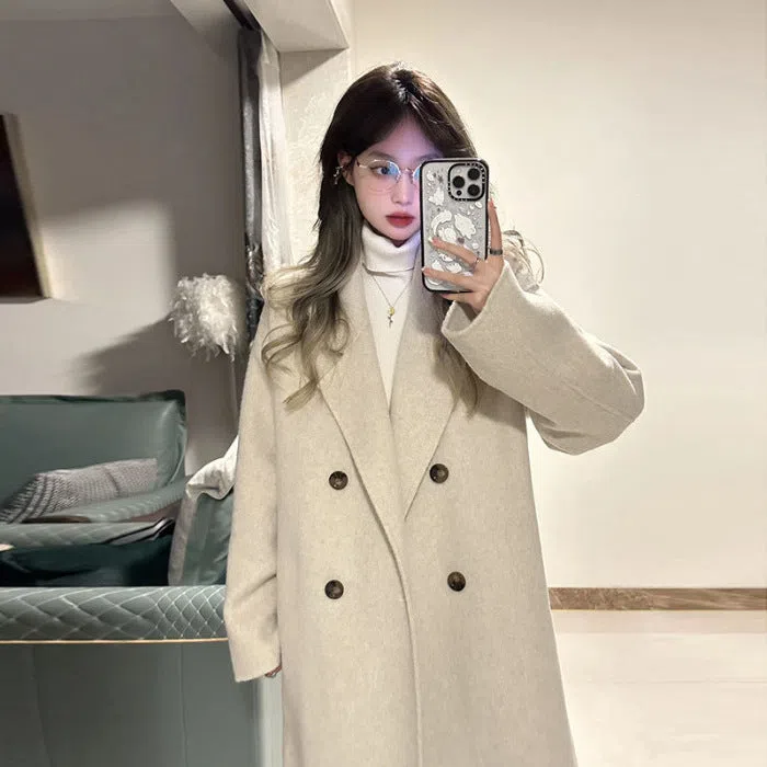 Retro patchwork women's wool coat in oatmeal colour, knee-length, loose fit, long sleeves