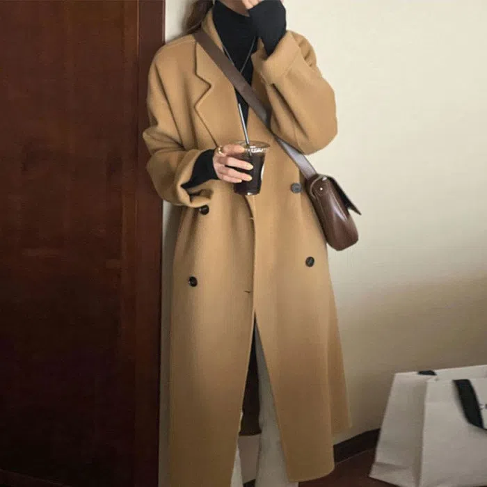 Retro patchwork women's wool coat in oatmeal colour, knee-length, loose fit, long sleeves