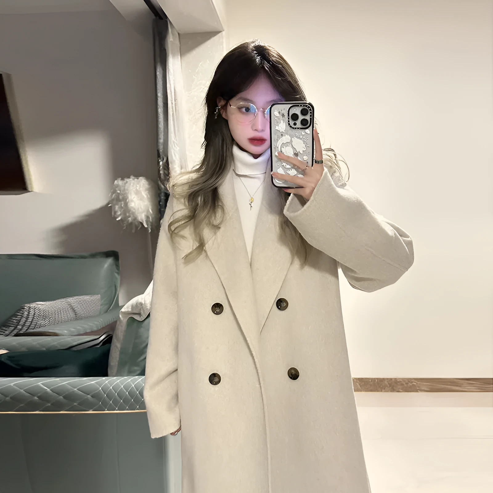 Retro patchwork women's wool coat in oatmeal colour, knee-length, loose fit, long sleeves