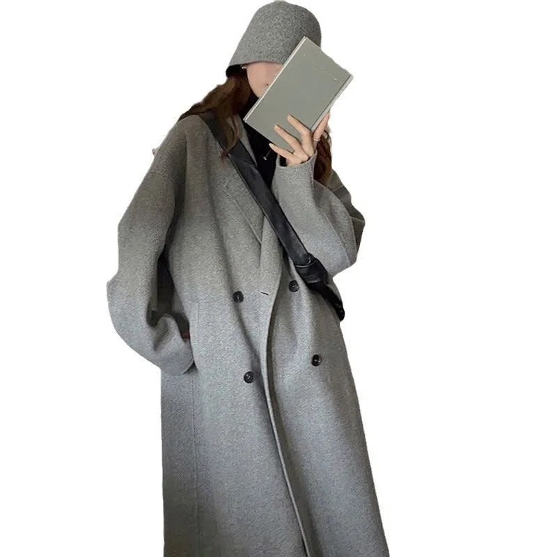 Retro patchwork women's wool coat in oatmeal colour, knee-length, loose fit, long sleeves