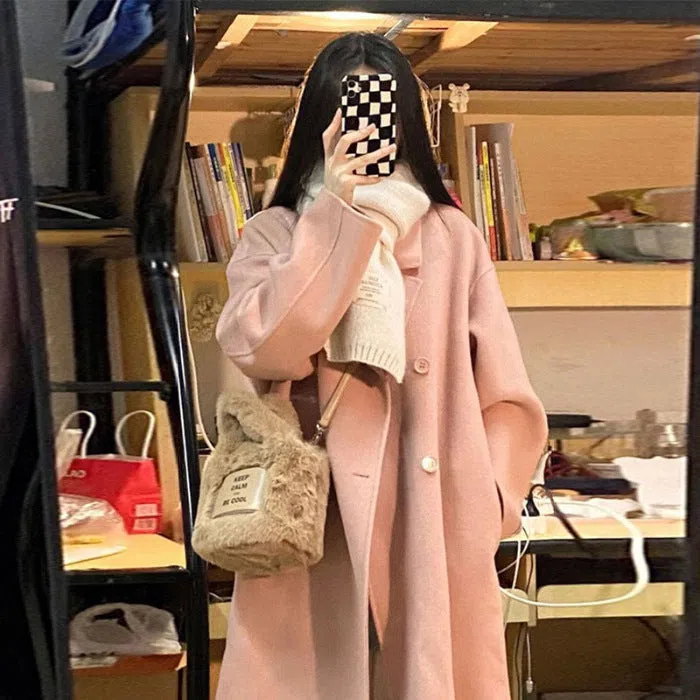 Retro patchwork women's wool coat in oatmeal colour, knee-length, loose fit, long sleeves