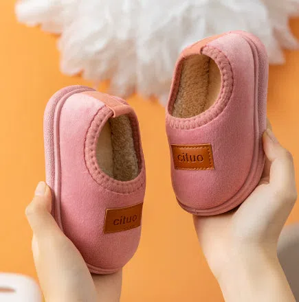 Children's cotton slippers anti-slip waterproof thick soles fine velvet artificial leather PVC sole brown colour