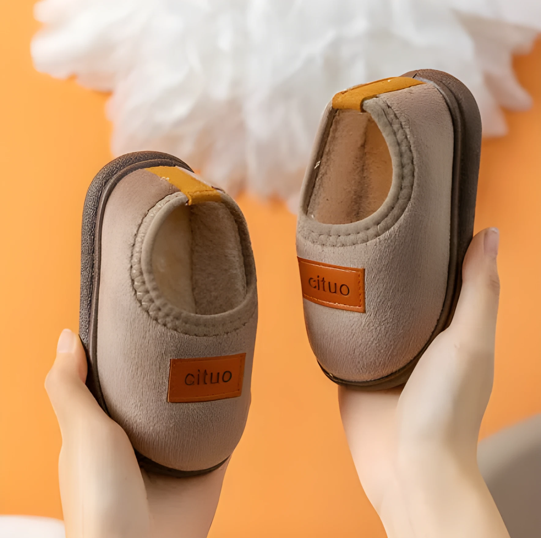 Children's cotton slippers anti-slip waterproof thick soles fine velvet artificial leather PVC sole brown colour