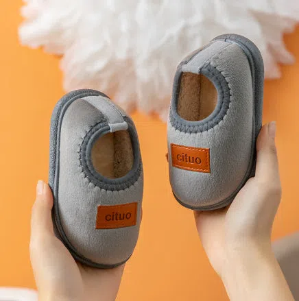 Children's cotton slippers anti-slip waterproof thick soles fine velvet artificial leather PVC sole brown colour