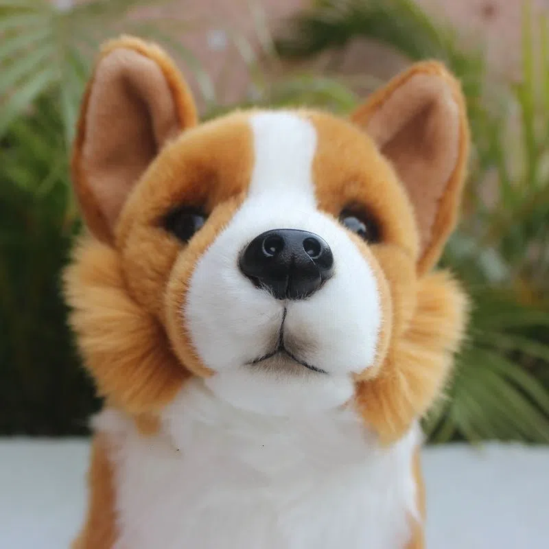 Simulated corgi dog puppy doll plush toy with velvet surface, 28 cm long, sitting pose
