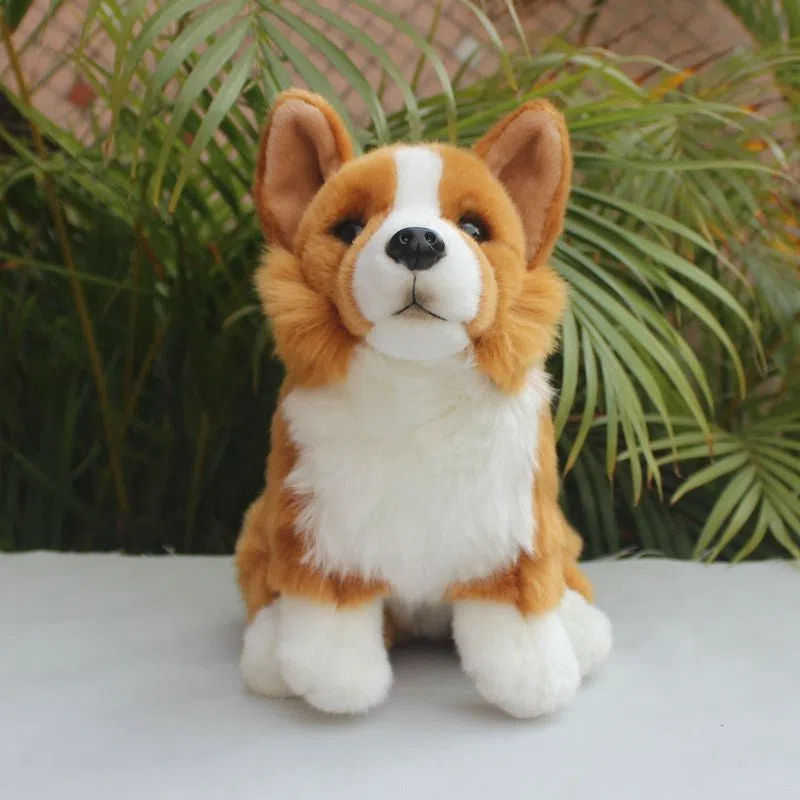 Simulated corgi dog puppy doll plush toy with velvet surface, 28 cm long, sitting pose