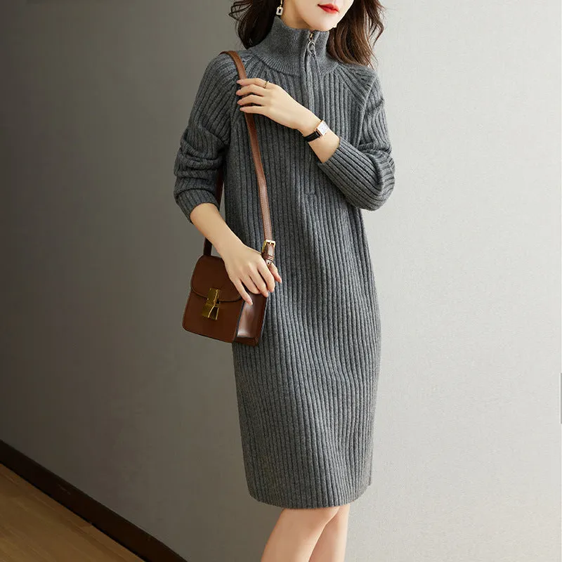 Beige casual skirt with half front zipper, stand collar, and long sleeves on a mannequin.