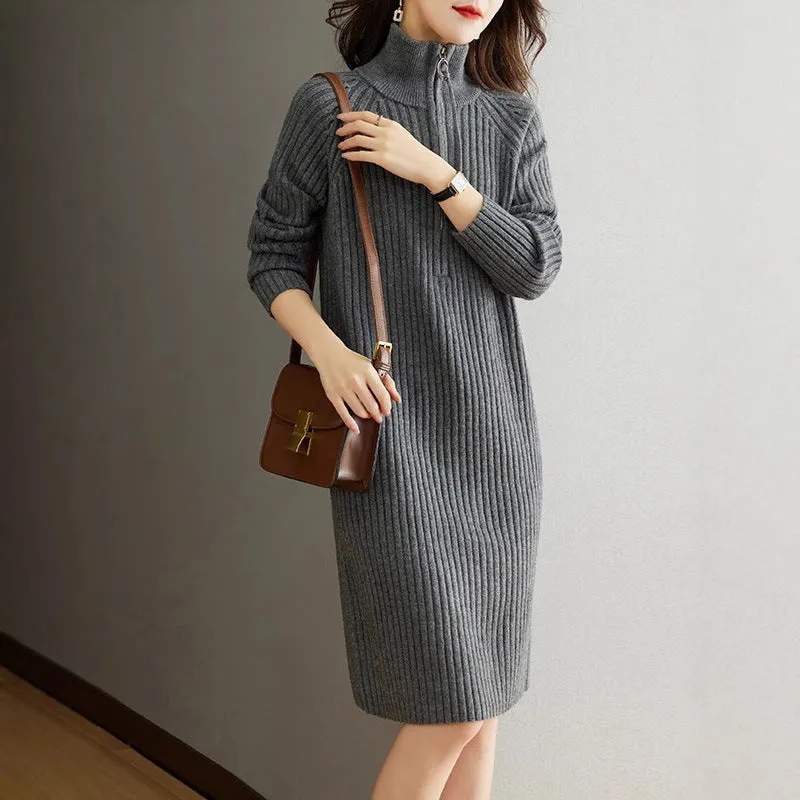 Beige casual skirt with half front zipper, stand collar, and long sleeves on a mannequin.