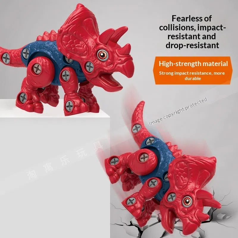 Children DIY plastic dinosaur building blocks set with Tyrannosaurus, Parasaurolophus, Triceratops, and Dilophosaurus in colour box