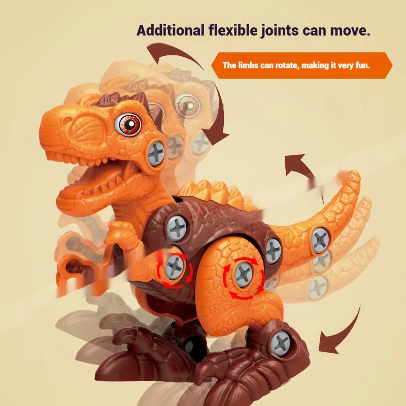 Children DIY plastic dinosaur building blocks set with Tyrannosaurus, Parasaurolophus, Triceratops, and Dilophosaurus in colour box