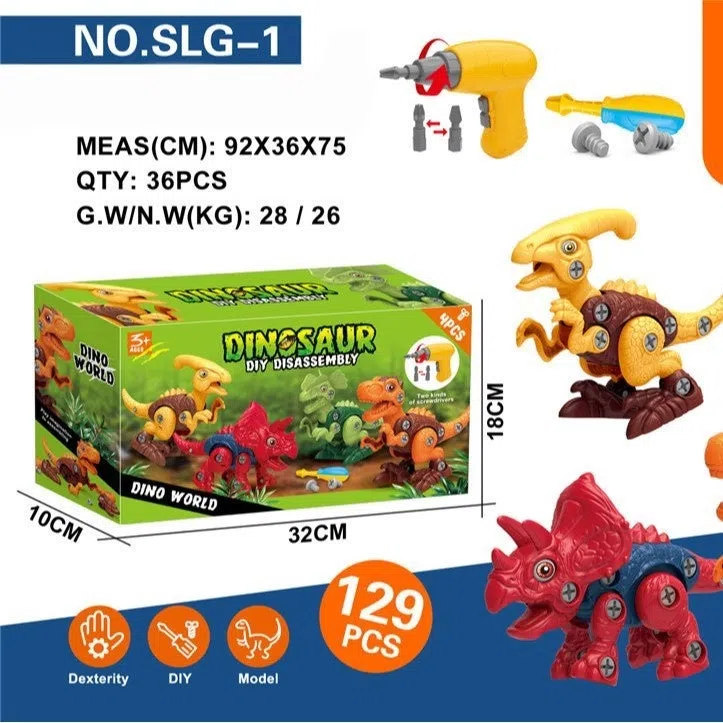 Children DIY plastic dinosaur building blocks set with Tyrannosaurus, Parasaurolophus, Triceratops, and Dilophosaurus in colour box