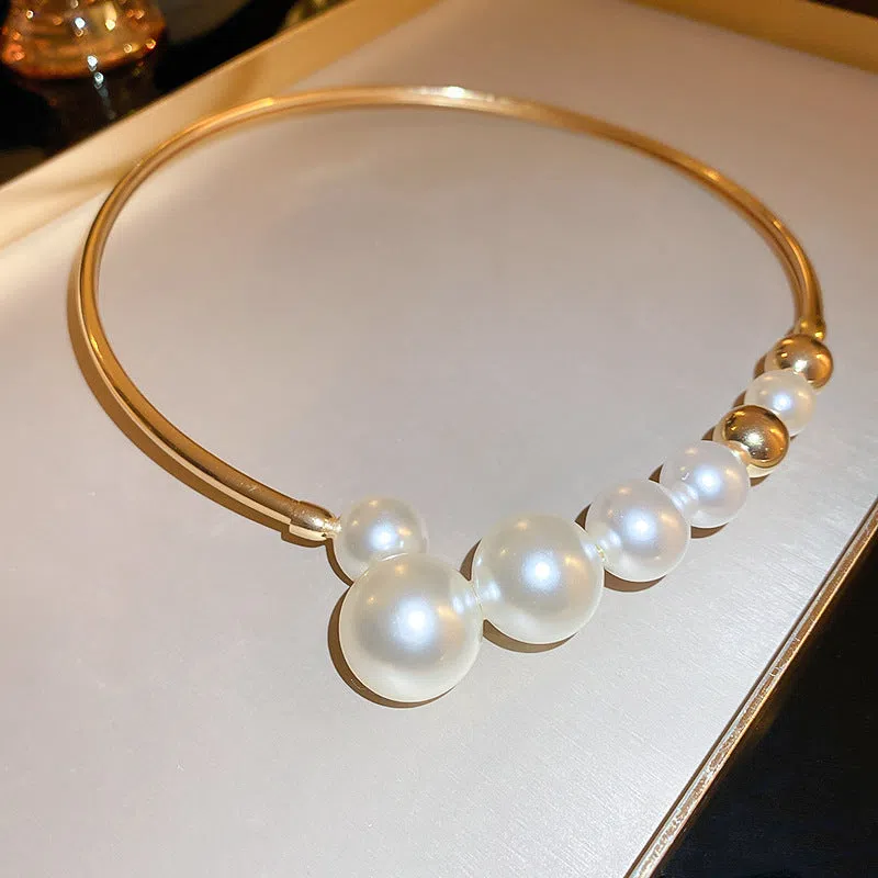 Retro geometric choker for women with gold pearl collar, copper chain, inlaid pearl, 30cm