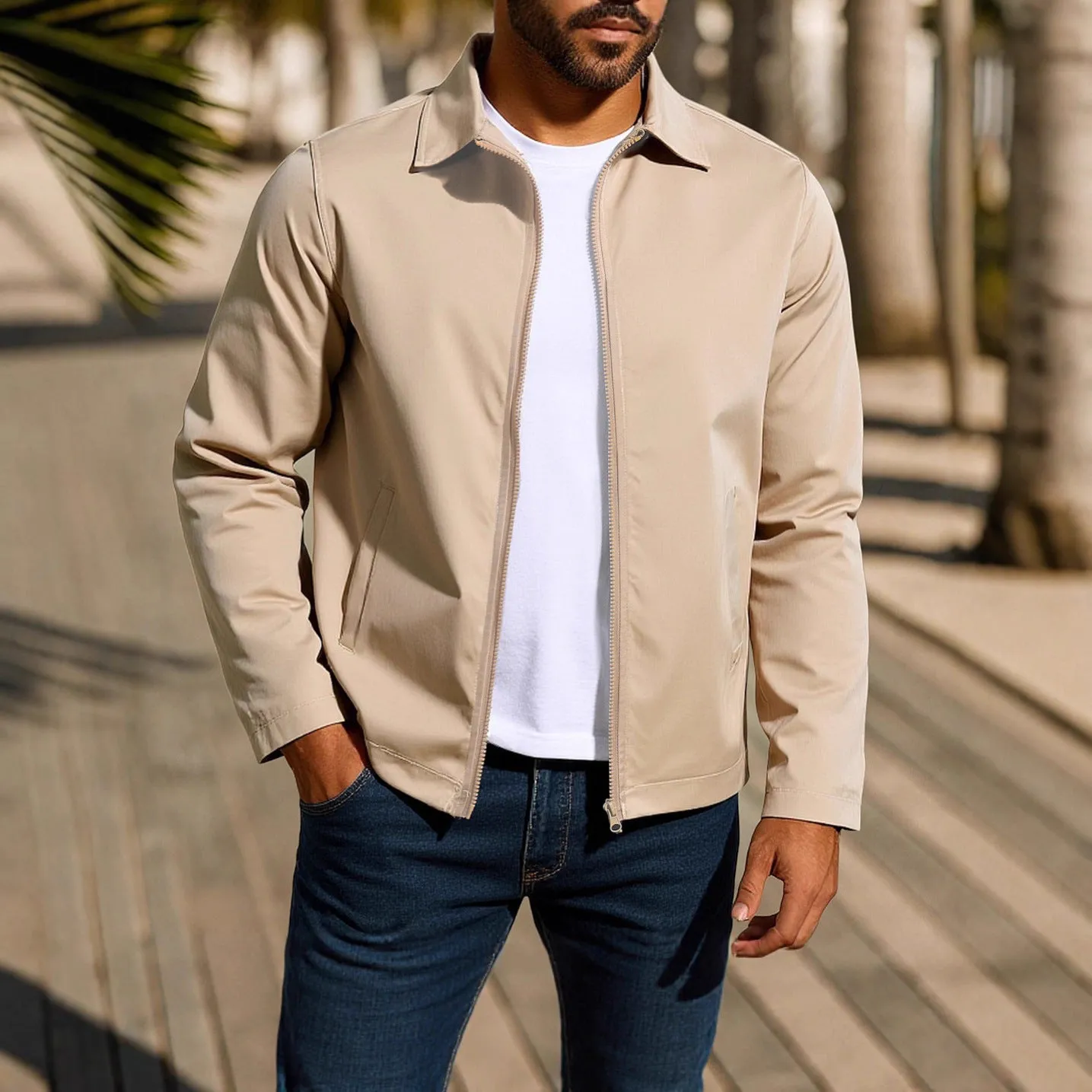 Man wearing a green zip-up cardigan jacket with raglan sleeves on a casual day out.