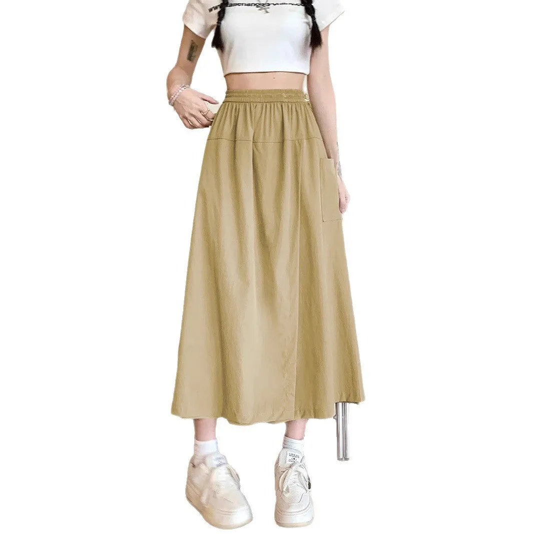 Women's camel colour wide leg casual skirt with elastic waist and drape silhouette
