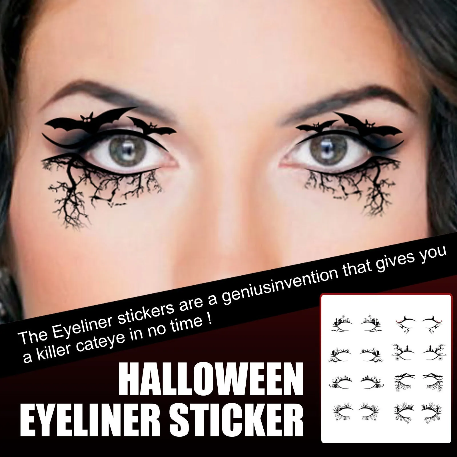 Bat and spider eyeliner sticker transfer decals for gothic Halloween makeup
