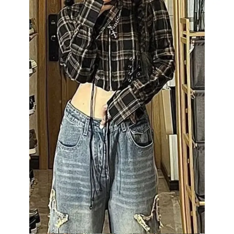 Blue high-waist straight-leg women's jeans laid flat.