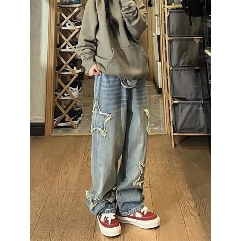 Blue high-waist straight-leg women's jeans laid flat.