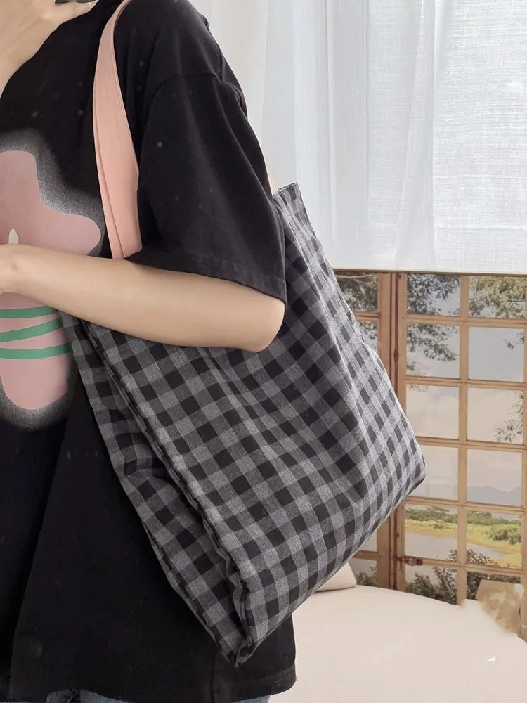 Canvas multi-layer tote shoulder bag in plaid or striped colours with compartments