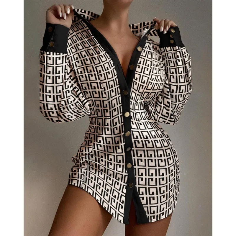 Women's Hong Kong style art retro shirt with printed waist fastener decoration in cashmere matel silk fabric