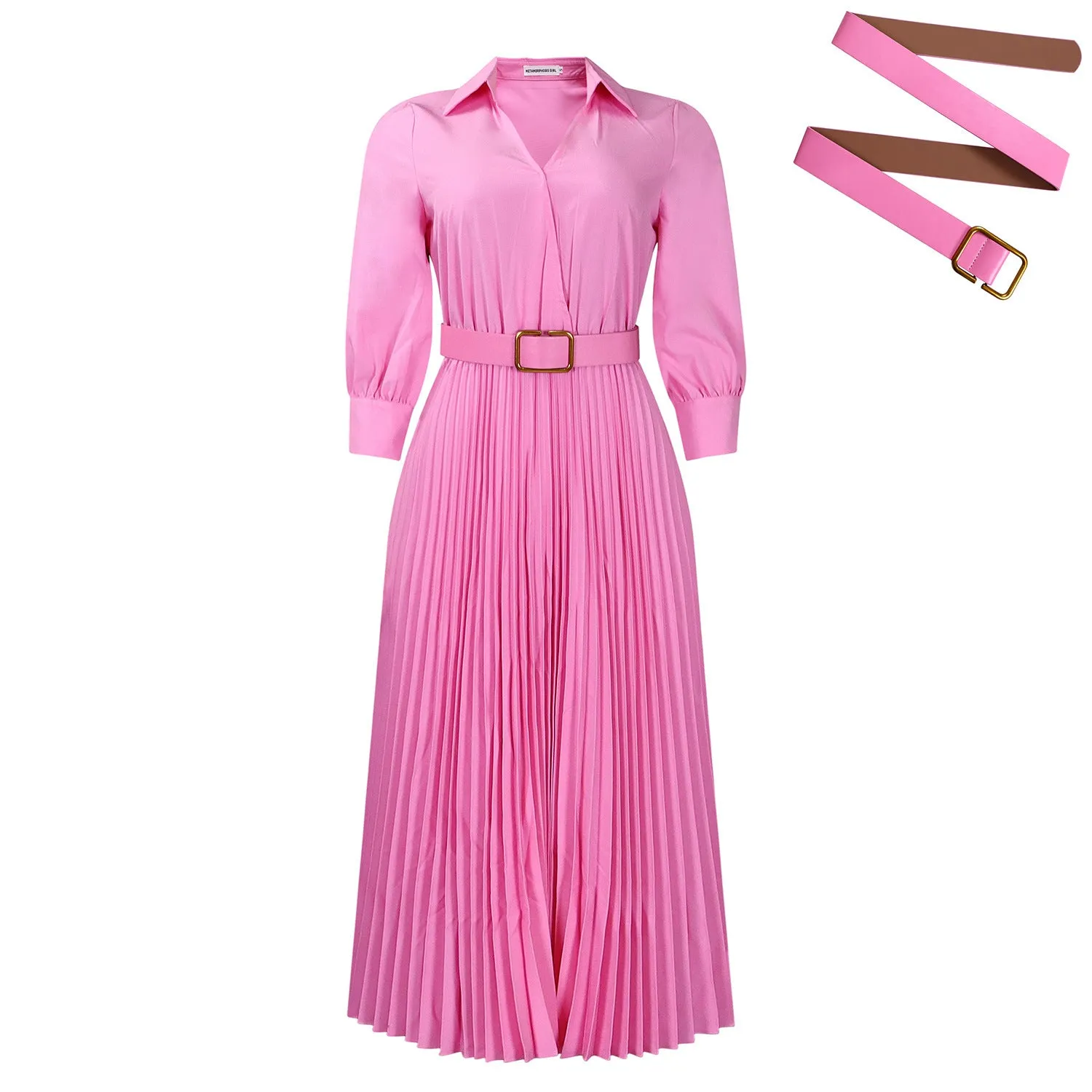 Women's polo collar pleated midi dress in an A-line swing silhouette with 3/4 sleeves.