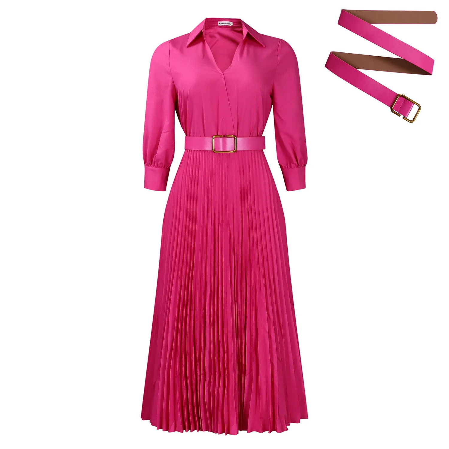 Women's polo collar pleated midi dress in an A-line swing silhouette with 3/4 sleeves.