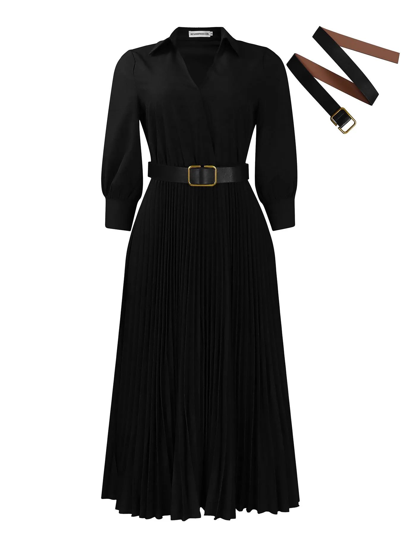 Women's polo collar pleated midi dress in an A-line swing silhouette with 3/4 sleeves.